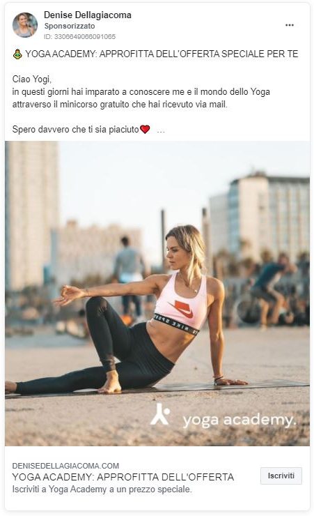 Guida Facebook Ads: da 0 a ROI (costi, strategie e casi studio) 32 Facebook Ads yoga academy upselling
